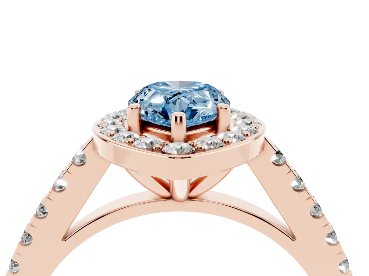 Fancy Blue Pear Cut Diamond Halo Ring with Round Pavé Split Shank and Prong Setting Rose gold