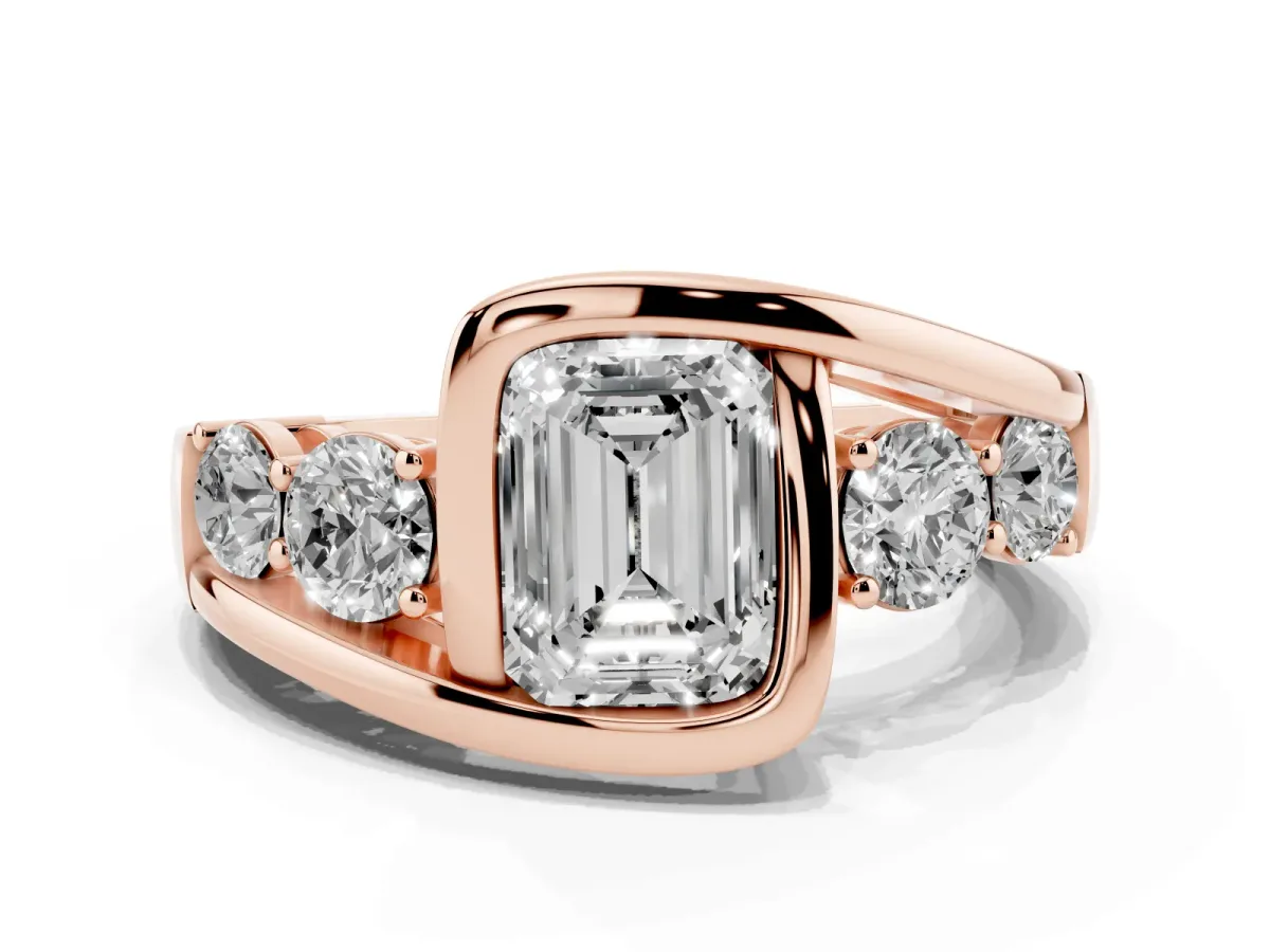 Bezel Set Emerald Cut Diamond Bypass Ring with Round Accents Rose gold