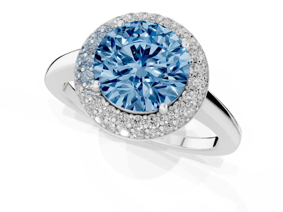 Fancy Blue Round Cut Halo Diamond Engagement Ring with Solitaire Band and Four-Prong Setting Silver