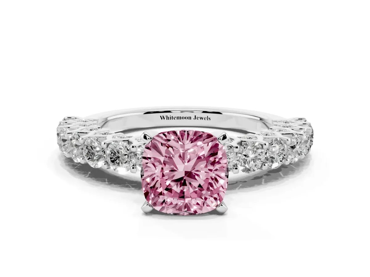 Fancy Pink Cushion Cut Diamond Solitaire Ring with Shared Prong Pavé Band and Four-Prong Setting Silver