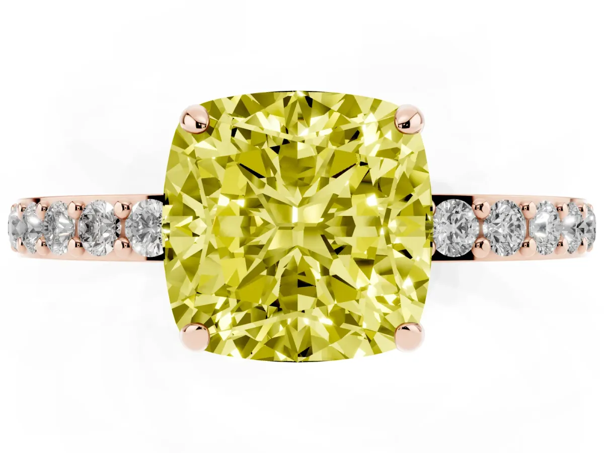 Fancy Yellow Cushion Cut Diamond Pavé Engagement Ring with Round Accents and Prong Setting Rose gold