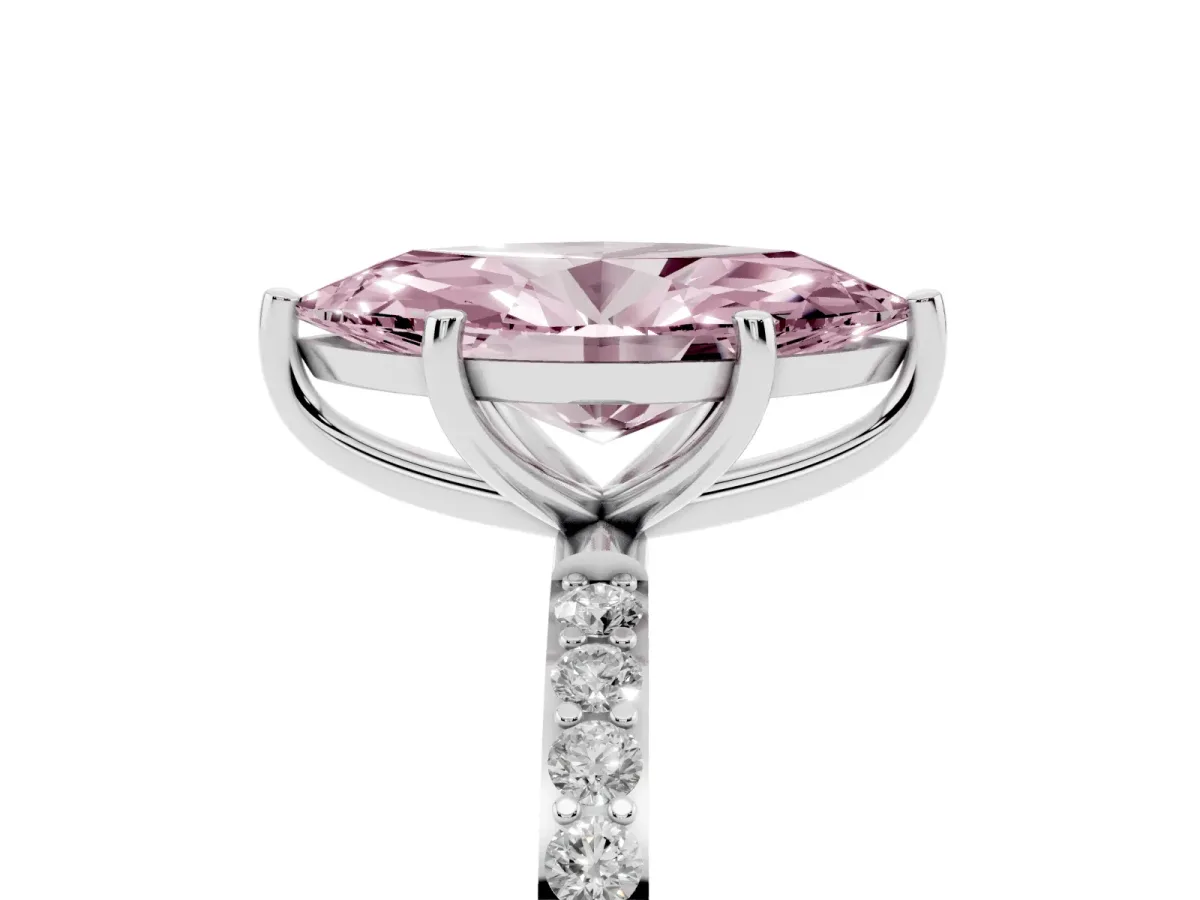 Fancy Pink Marquise Cut Diamond Solitaire Ring with Round Pavé Shoulders and Prong Setting Silver