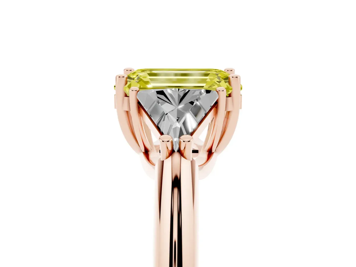 Fancy Yellow Three-Stone Emerald Cut Diamond Engagement Ring with Trillion Side Stones and Prong Setting Rose gold