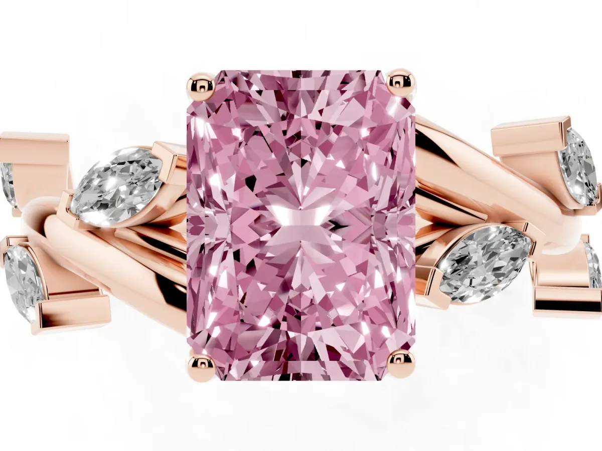 Fancy Pink Radiant Cut Solitaire Twisted Band Marquise Accent Prong Setting Ring Rose gold