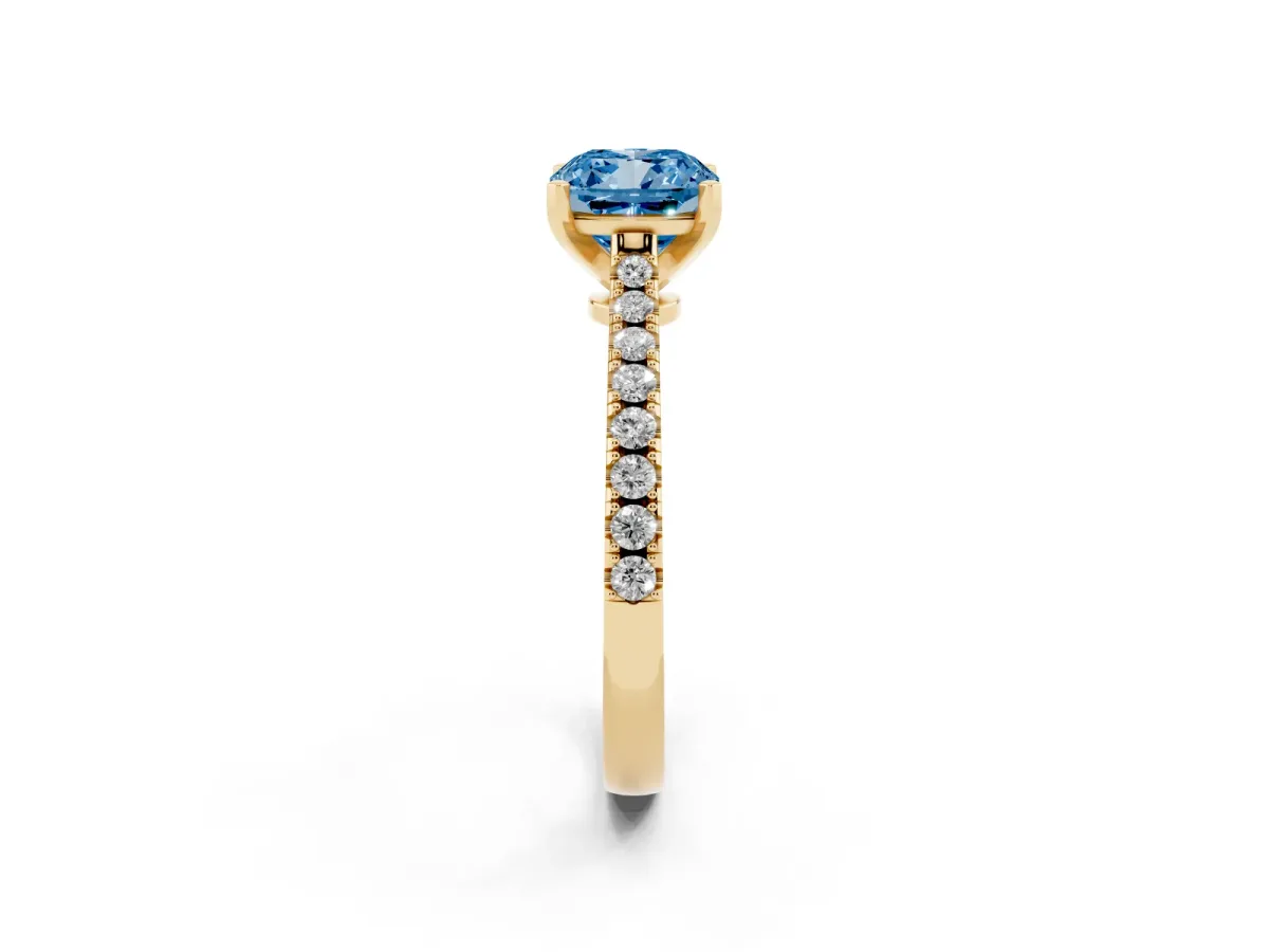 Fancy Blue Cushion Cut Cut Solitaire Diamond Engagement Ring with Pave Band and Four-Prong Setting Yellow gold