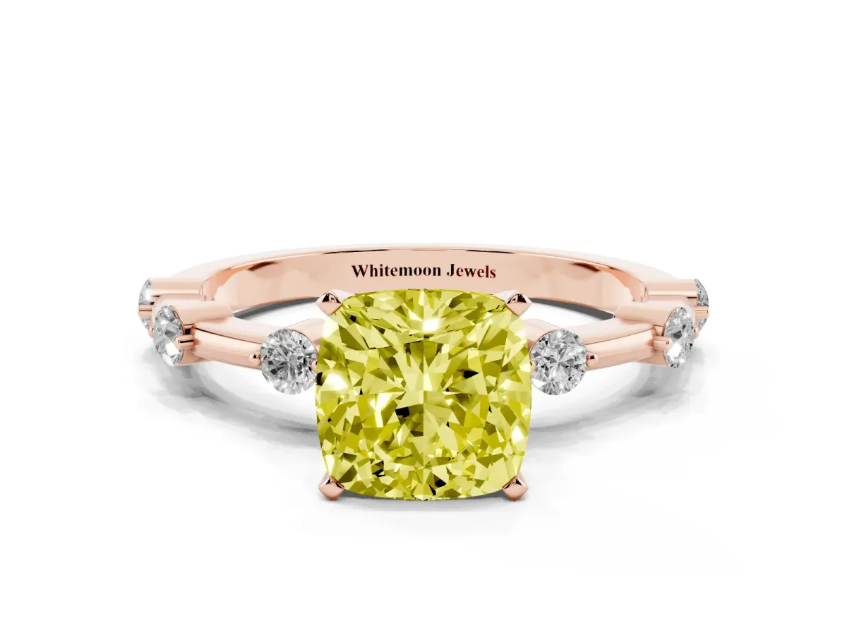 Fancy Yellow Cushion Cut Solitaire Diamond Ring with Bezel Set Side Stones and Prong Setting Rose gold