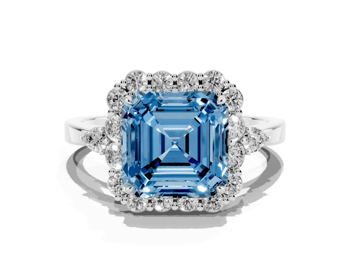 Fancy Blue Asscher Cut Diamond Halo Ring with Pear Side Stones and Prong Setting Silver