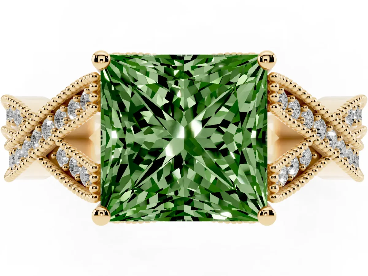 Fancy Green Princess Cut Cut Diamond Twisted Band with Milgrain Pave Setting and Four-Prong Setting Yellow gold