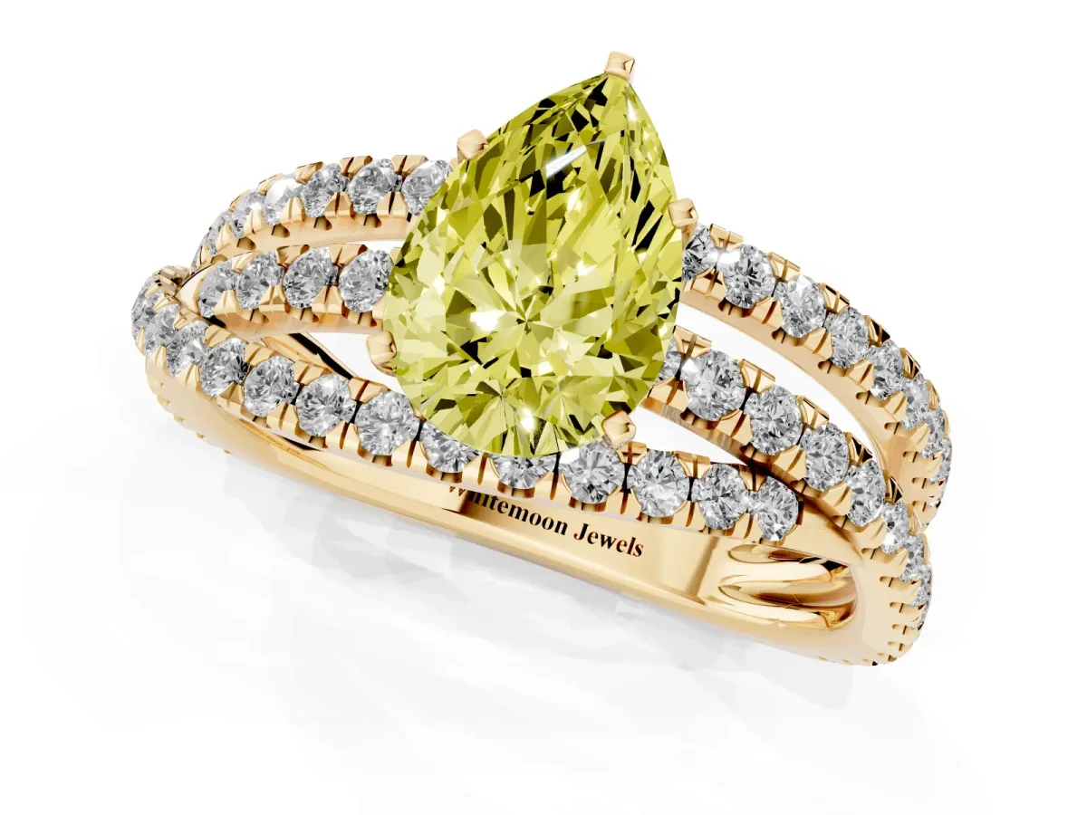 Fancy Yellow Pear Cut Solitaire Twist Band with Pavé Setting and Four-Prong Setting Yellow gold