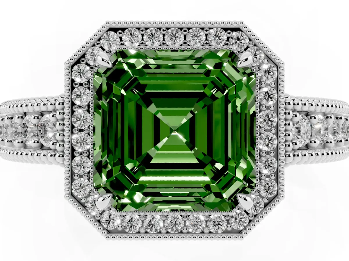 Fancy Green Asscher Cut Cut Halo Diamond Ring with Pavé Band and Four-Prong Setting Platinum