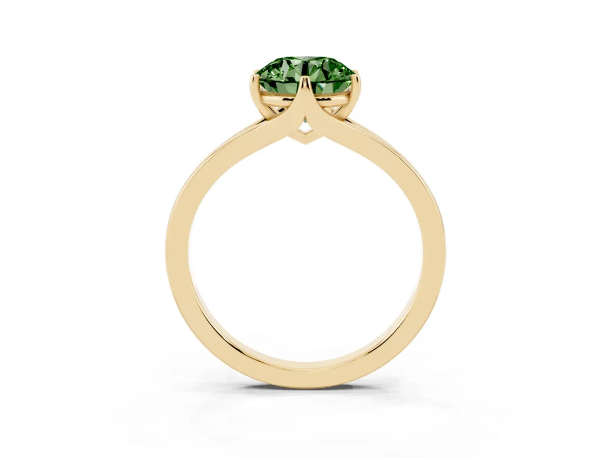 Fancy Green Round Cut Solitaire Diamond Ring with Six-Prong Setting and Tapered Band Yellow gold