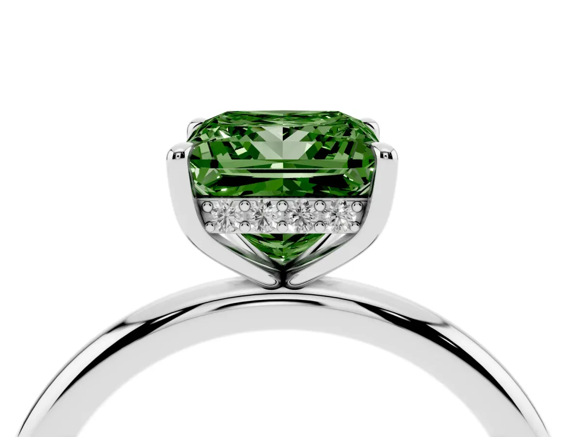 Fancy Green Princess Cut Diamond Solitaire Ring with Thin Band and Four-Prong Setting Silver