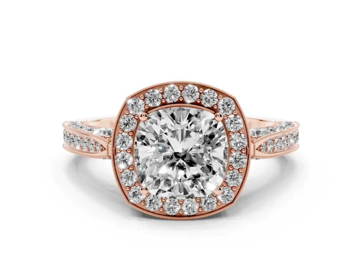 Cushion Cut Halo Diamond Engagement Ring with Split Shank Band and Four-Prong Setting Rose gold
