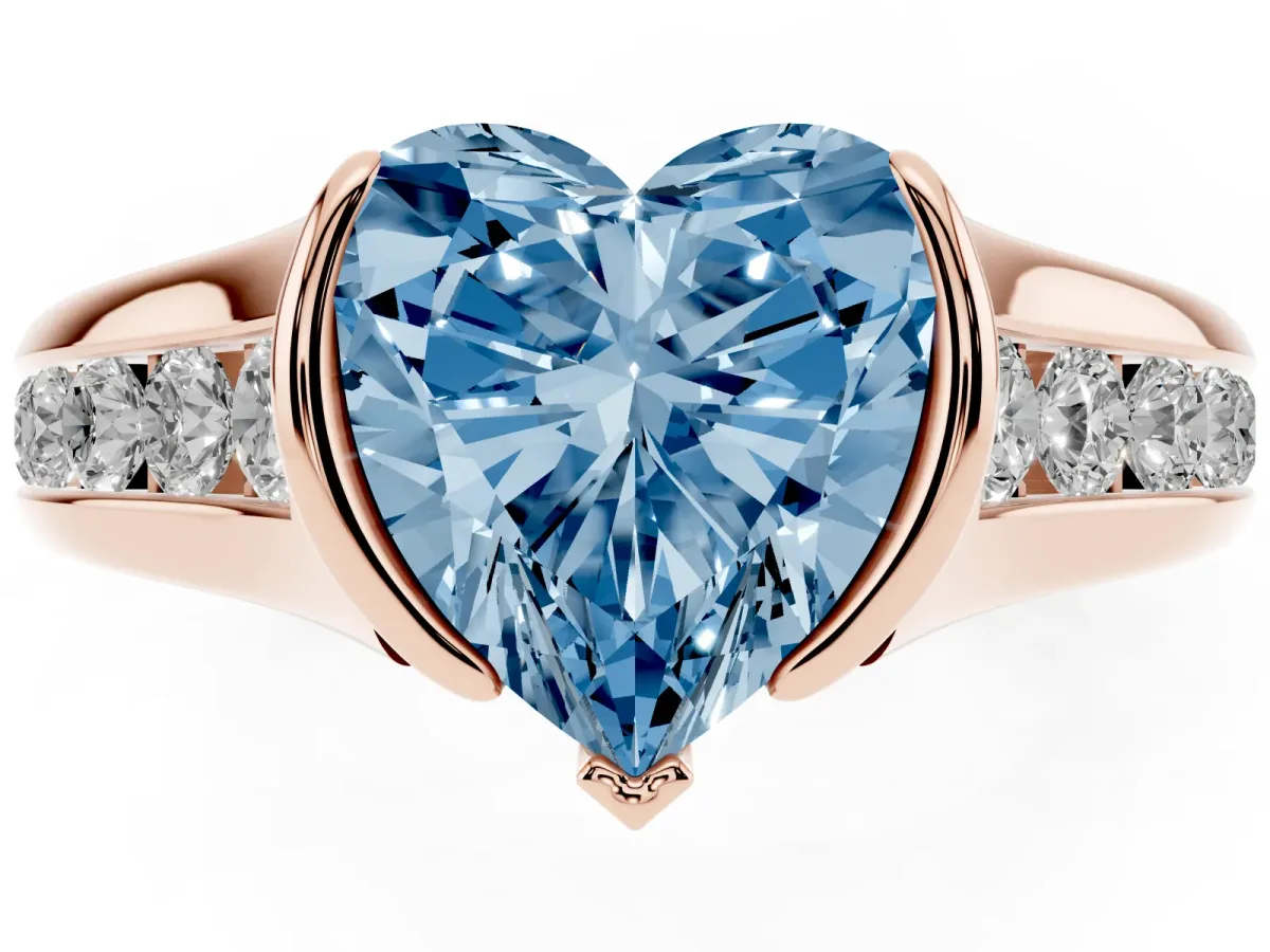 Fancy Blue Heart Cut Solitaire Bezel-Set Diamond Ring with Channel-Set Band Rose gold