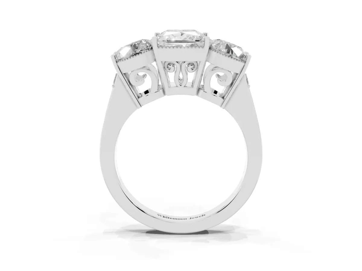 Three-Stone Princess Cut Diamond Engagement Ring with Prong Setting on a Classic Band Silver