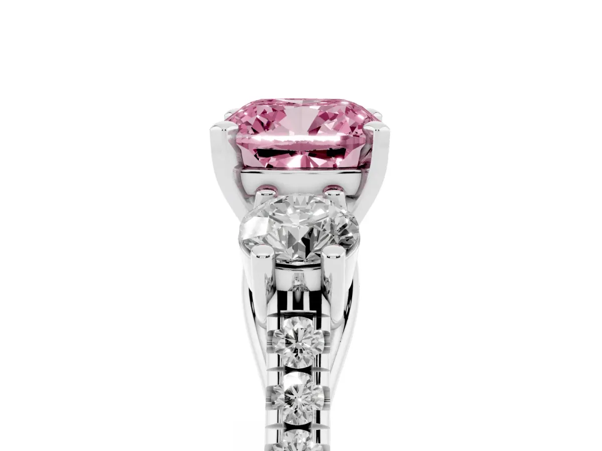 Fancy Pink Three-Stone Cushion Cut Diamond Pavé Band with Four-Prong Setting Silver