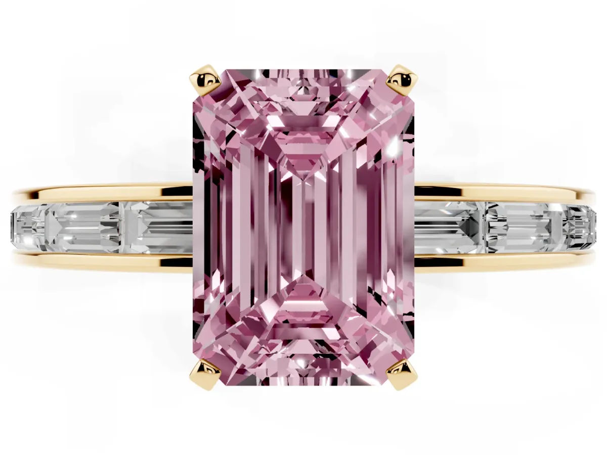 Fancy Pink Emerald Cut Solitaire Diamond Ring with Channel-Set Baguette Band and Four-Prong Setting Yellow gold