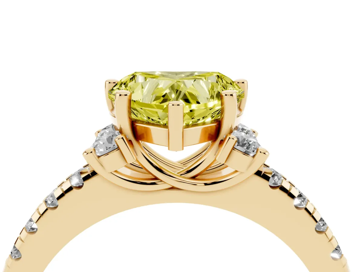 Fancy Yellow Heart Cut Diamond Three-Stone Pave Band with Four-Prong Setting Yellow gold