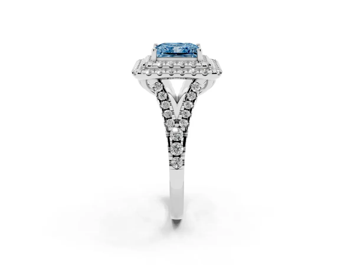 Fancy Blue Double Halo Princess Cut Diamond Pavé Split Shank Ring with Prong Setting Platinum