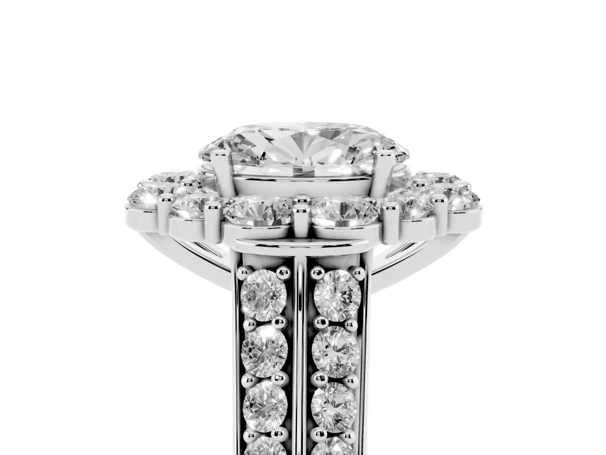 Oval Cut Halo Diamond Engagement Ring with Split Shank and Prong Setting Silver