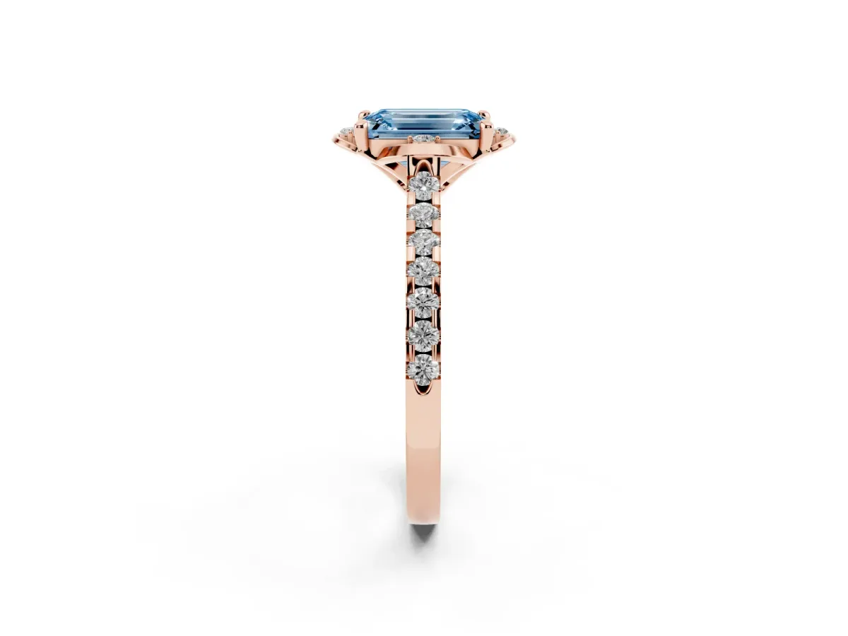 Fancy Blue Emerald Cut Diamond Ring with Pavé Band and Floral Prong Setting Rose gold