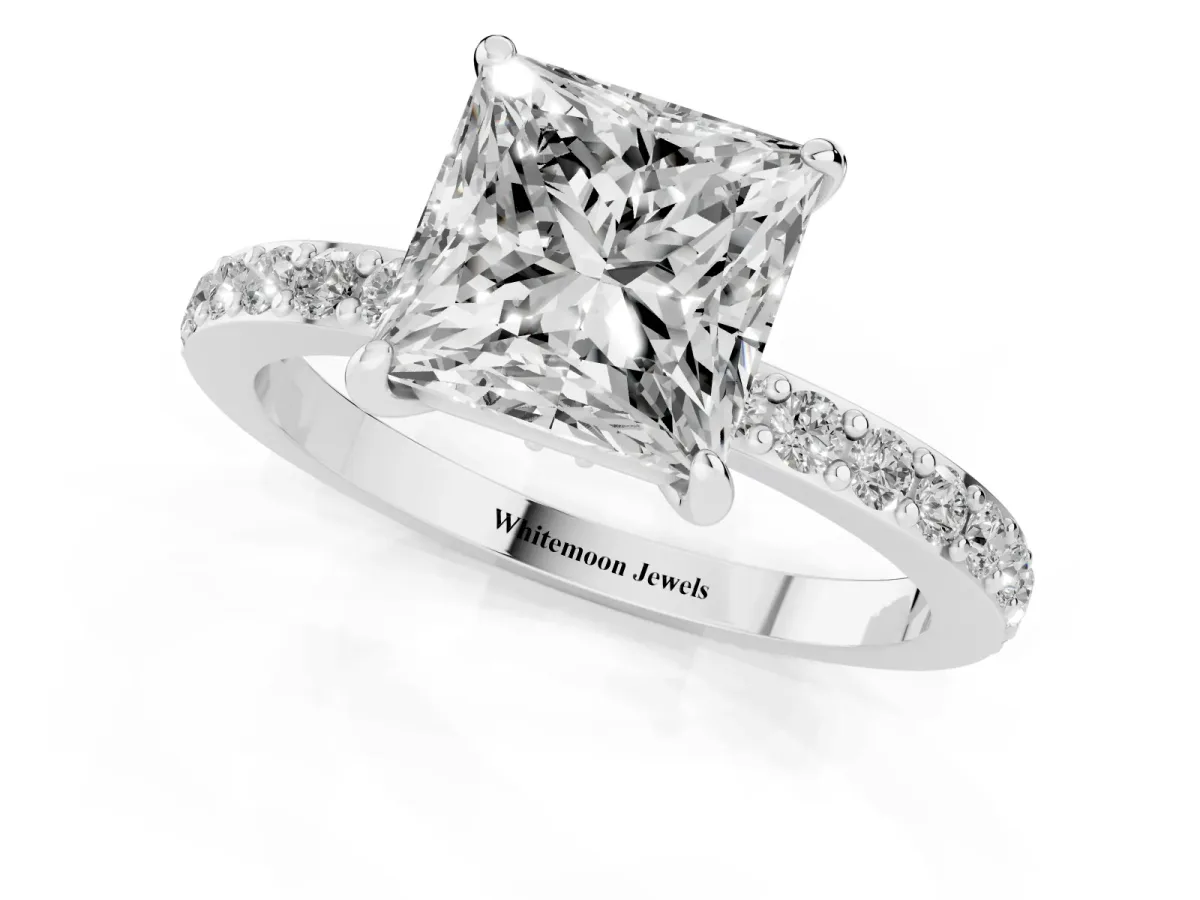 Princess Cut Diamond Pavé Engagement Ring with Round Accents and Prong Setting Platinum
