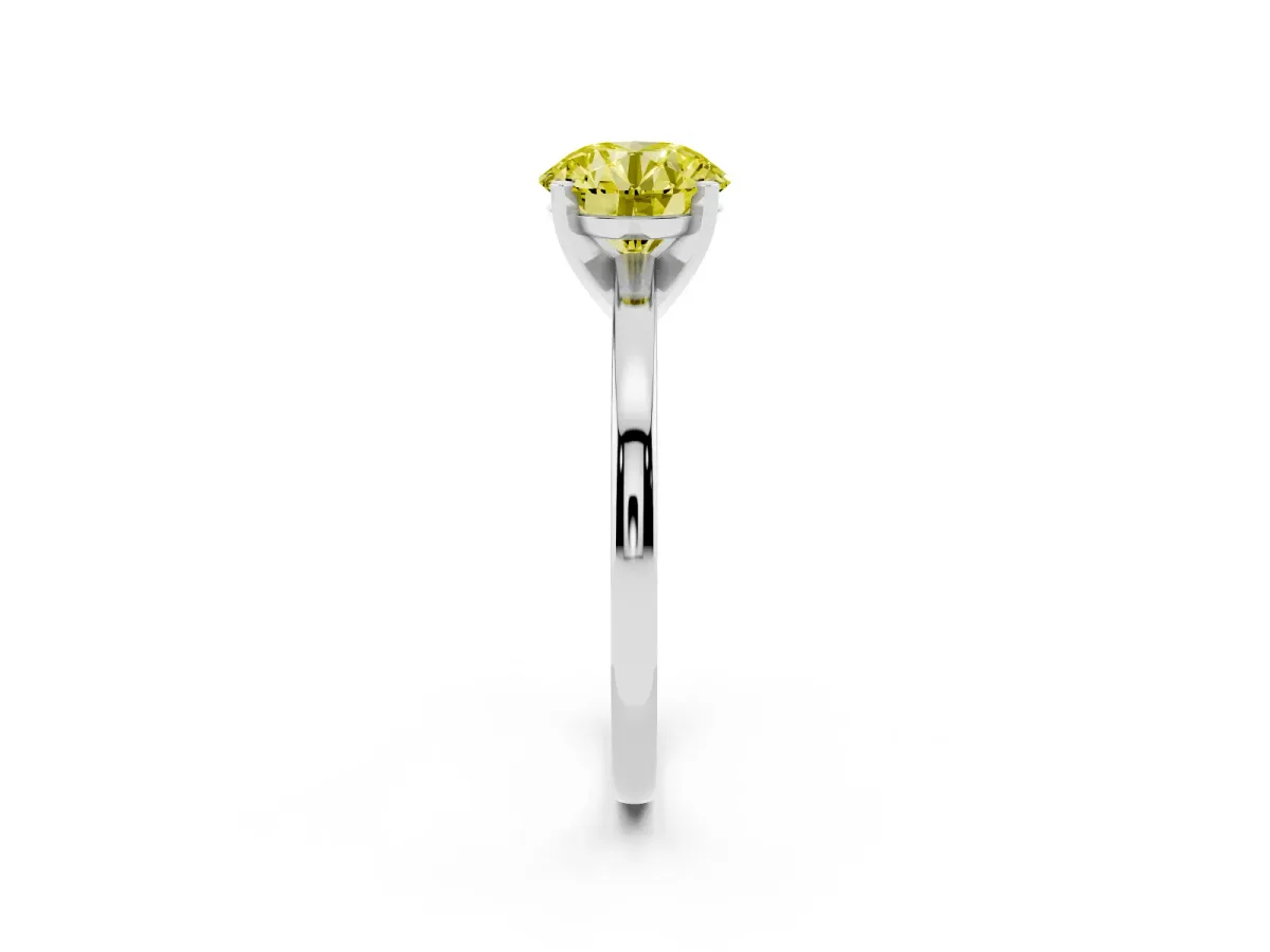 Fancy Yellow Round Cut Solitaire Diamond Engagement Ring with Four-Prong Setting on a Classic Band Platinum
