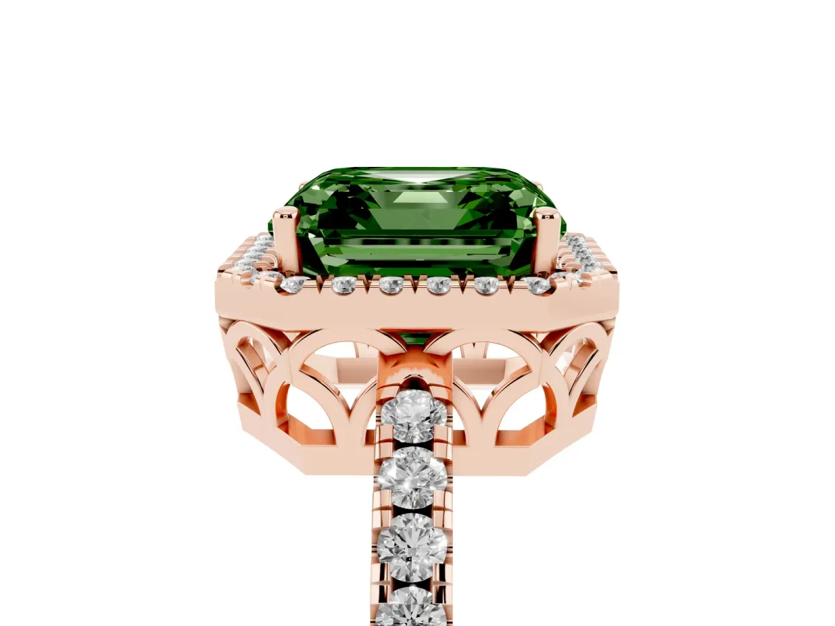 Fancy Green Asscher Cut Halo Diamond Engagement Ring with Pavé Band and Four-Prong Setting Rose gold