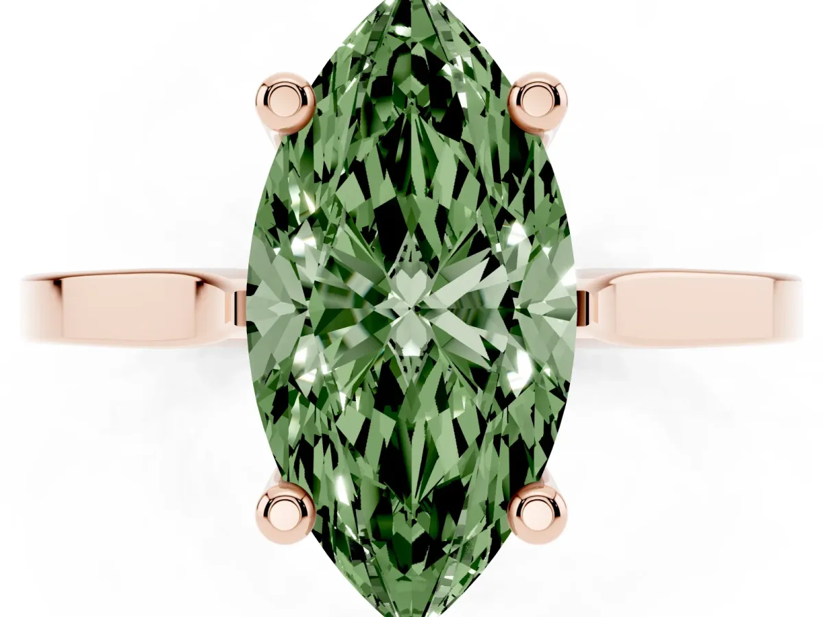 Fancy Green Marquise Cut Solitaire Diamond Ring with Four-Prong Setting and Tapered Band Rose gold