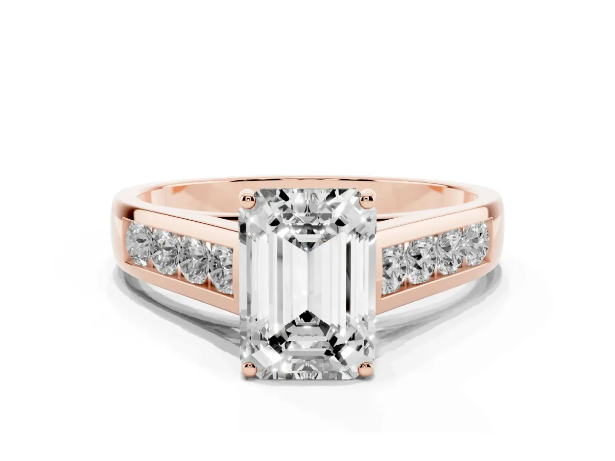 Emerald Cut Brilliant Channel-Set Solitaire Ring with Four-Prong Setting Rose gold