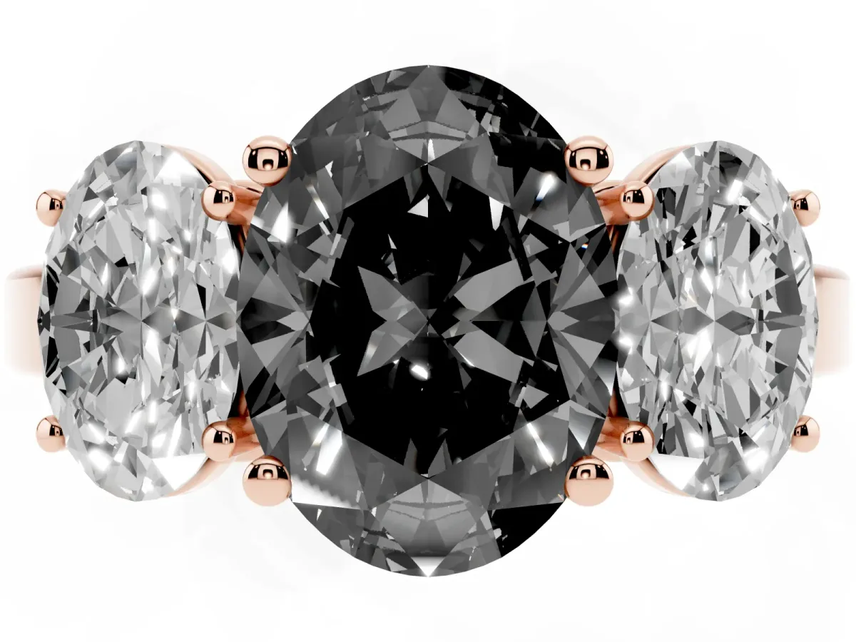 Fancy Black Three-Stone Oval Cut Cut Diamond Engagement Ring with Flat Band and Four-Prong Setting Rose gold