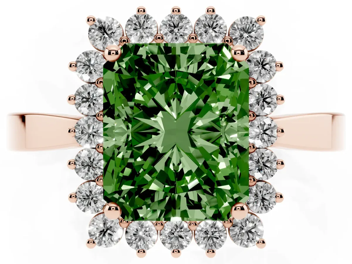 Fancy Green Radiant Cut Cut Diamond Halo Ring with Round Brilliant Halo and Solitaire Band Rose gold