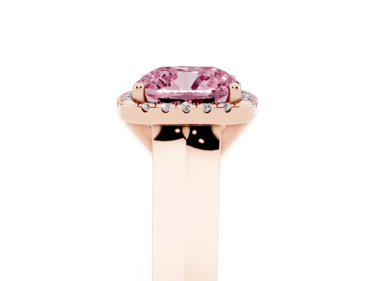 Fancy Pink Cushion Cut Halo Diamond Ring with Cathedral Band and Four-Prong Setting Rose gold