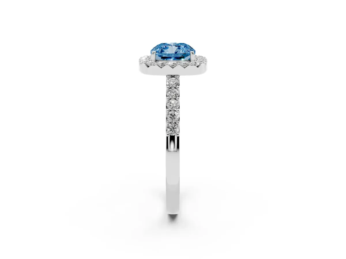 Fancy Blue Cushion Cut Halo Diamond Pavé Solitaire Ring Platinum