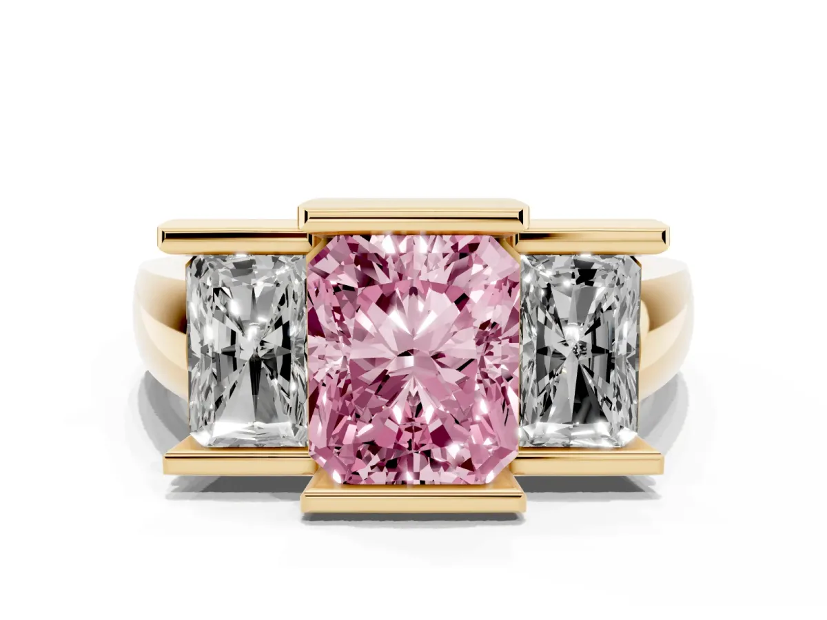 Fancy Pink Three Stone Radiant Cut Cut Channel Set Diamond Ring Yellow gold