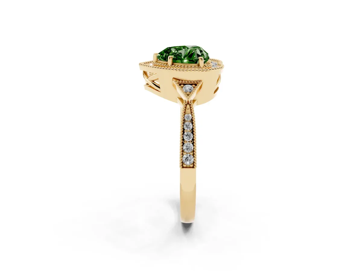 Fancy Green Heart Cut Halo Round Diamond Milgrain Pave Engagement Ring Yellow gold