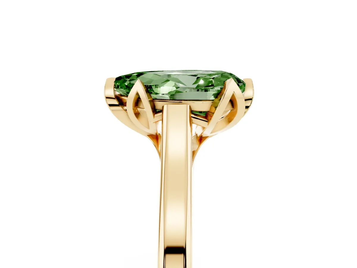 Fancy Green Pear Cut Diamond Solitaire Ring with Flower Prong Setting and Classic Band Yellow gold