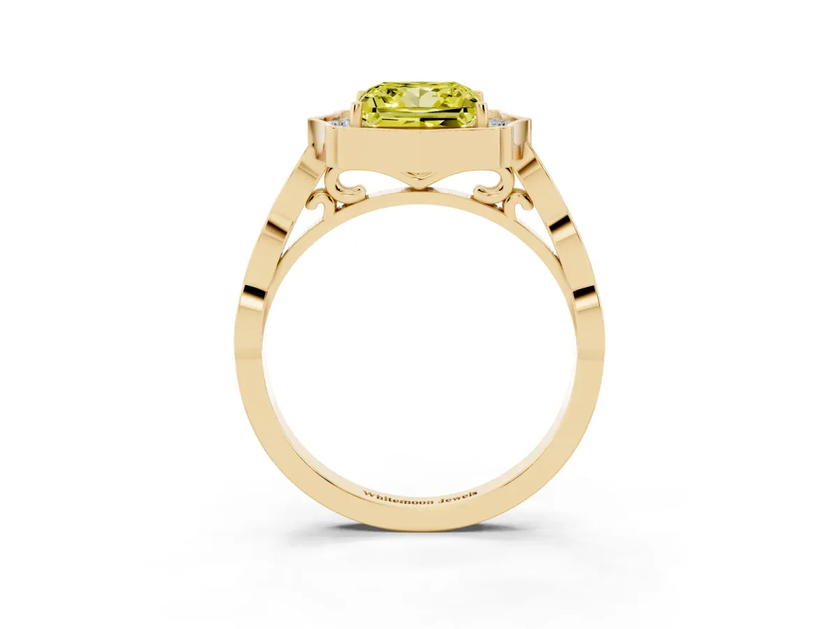 Fancy Yellow Princess Cut Halo Diamond Engagement Ring with Milgrain Band and Four-Prong Setting Yellow gold