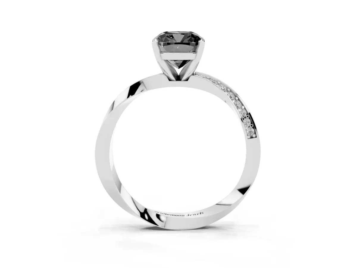 Fancy Black Cushion Cut Diamond Engagement Ring with Side Stone Accents and Four-Prong Setting Platinum