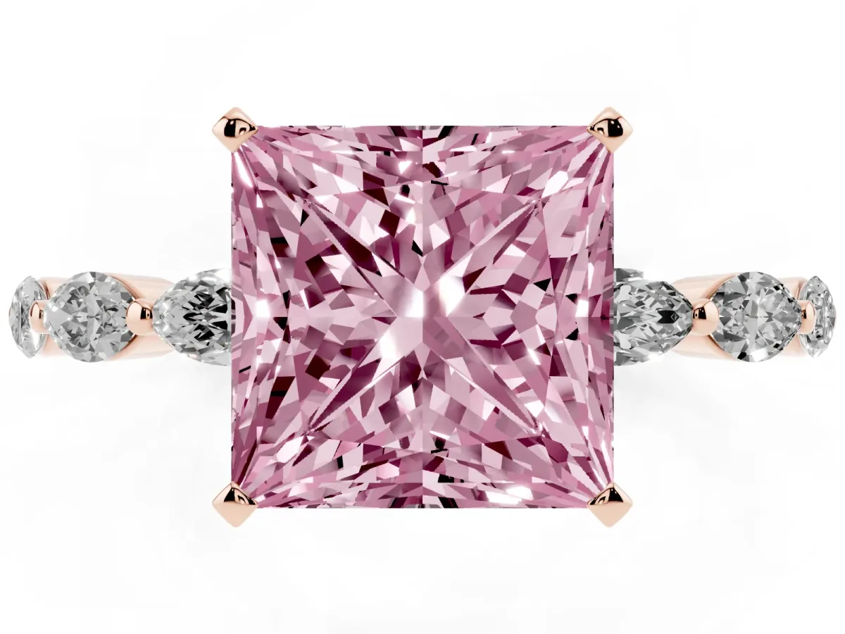 Fancy Pink Princess Cut Diamond Ring with Marquise Side Stones and Prong Setting Rose gold