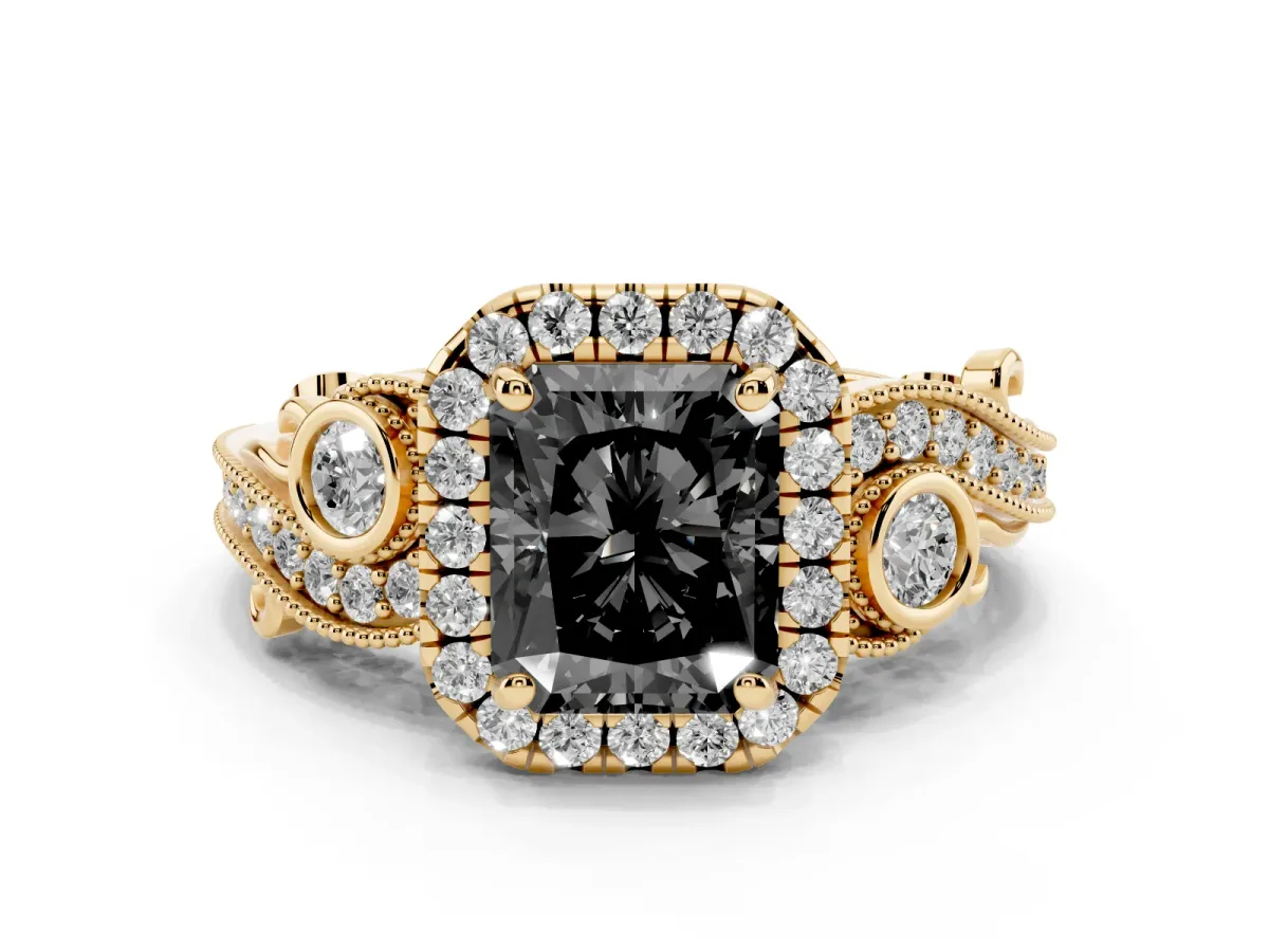 Fancy Black Radiant Cut Halo Diamond Ring with Milgrain and Bezel Accents on a Split Shank Band Yellow gold