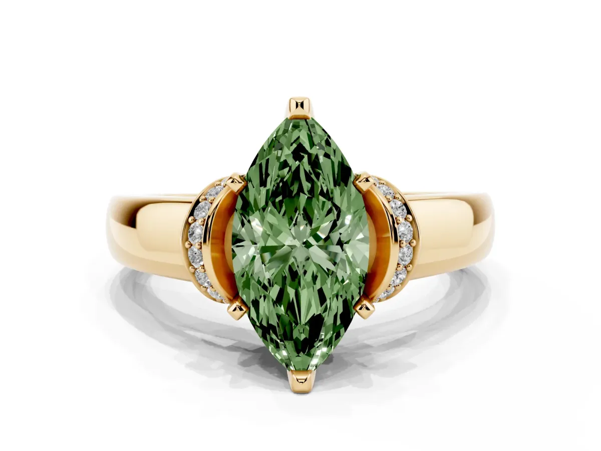 Fancy Green Marquise Cut Solitaire Diamond Ring with Pave Band and Six-Prong Setting Yellow gold