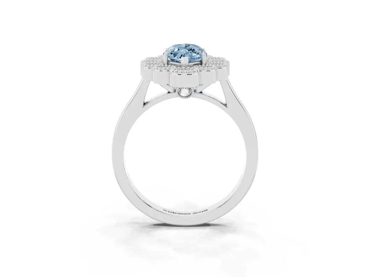 Fancy Blue Marquise Cut Halo Diamond Cluster Engagement Ring with Milgrain Bezel Setting and Solitaire Band Silver