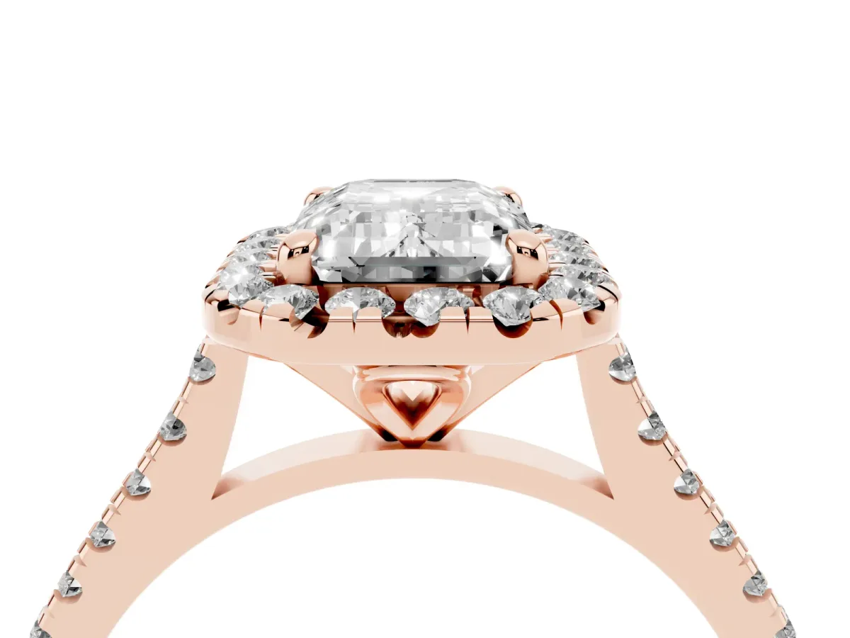 Emerald Cut Diamond Cushion Halo Ring with Pavé Band Rose gold