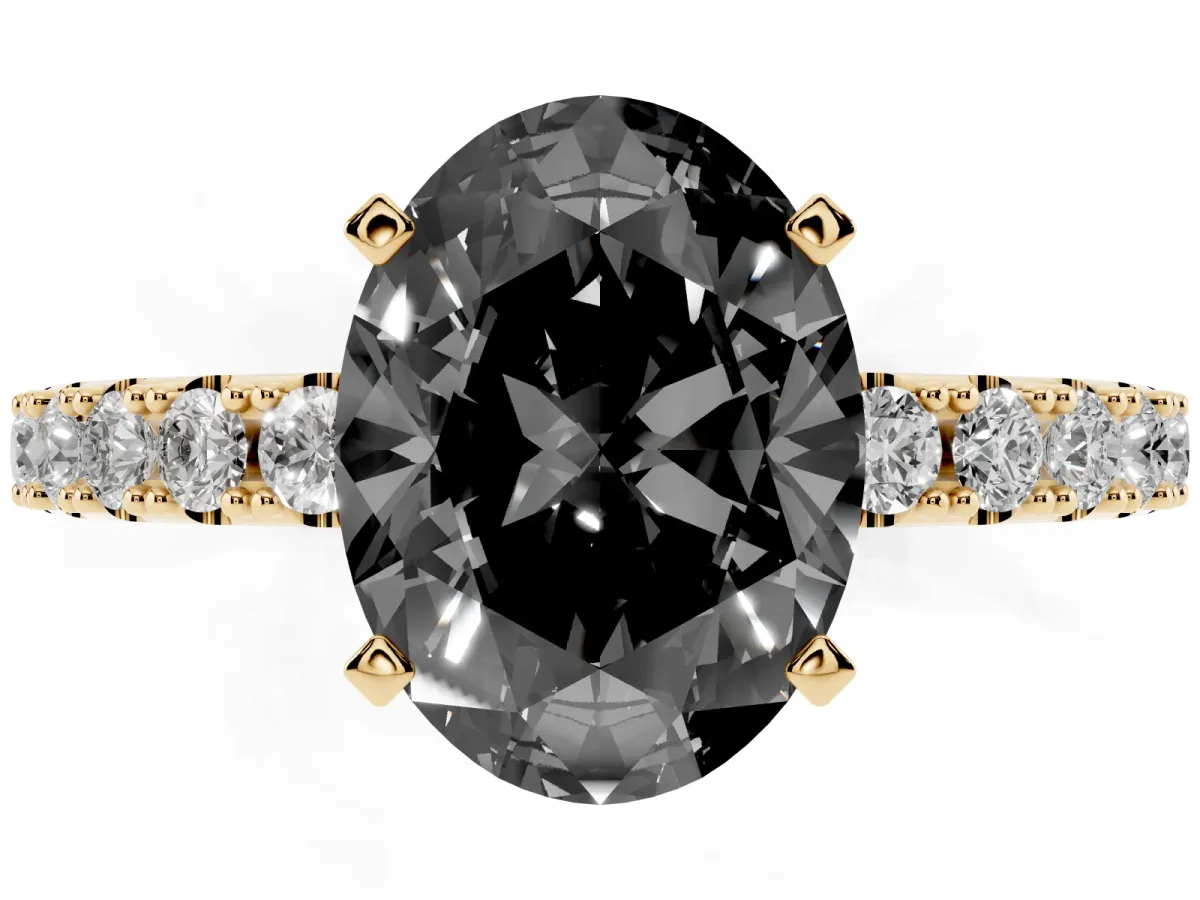 Fancy Black Oval Cut Diamond Solitaire Pavé Band with Four-Prong Setting Yellow gold