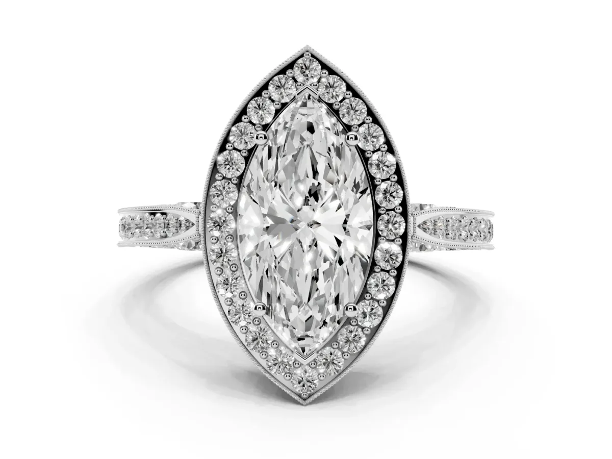 Marquise Cut Halo Diamond Engagement Ring with Split Shank Band and Four-Prong Setting Silver