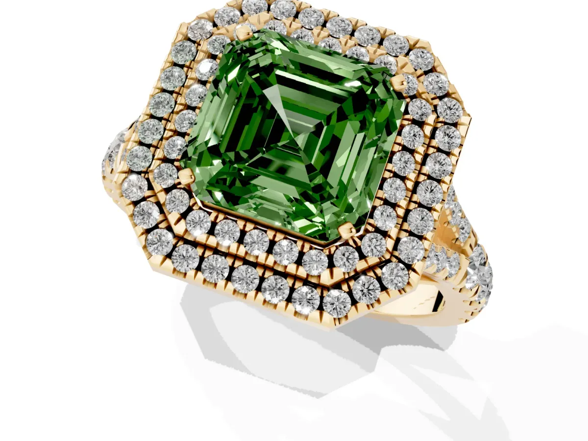 Fancy Green Asscher Cut Diamond Pavé Split Shank Double Halo Engagement Ring Yellow gold
