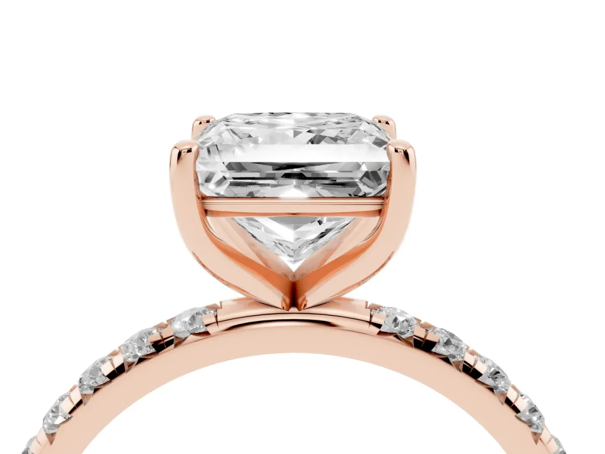 Princess Cut Cut Diamond Solitaire Ring with Micro Pave Band and Four Prong Setting Rose gold