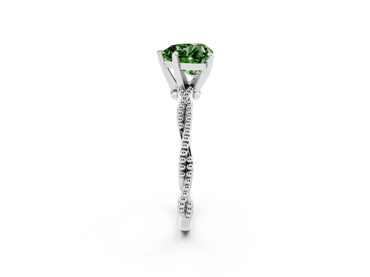 Fancy Green Heart Cut Solitaire Twisted Band with Bead Prong Setting Silver