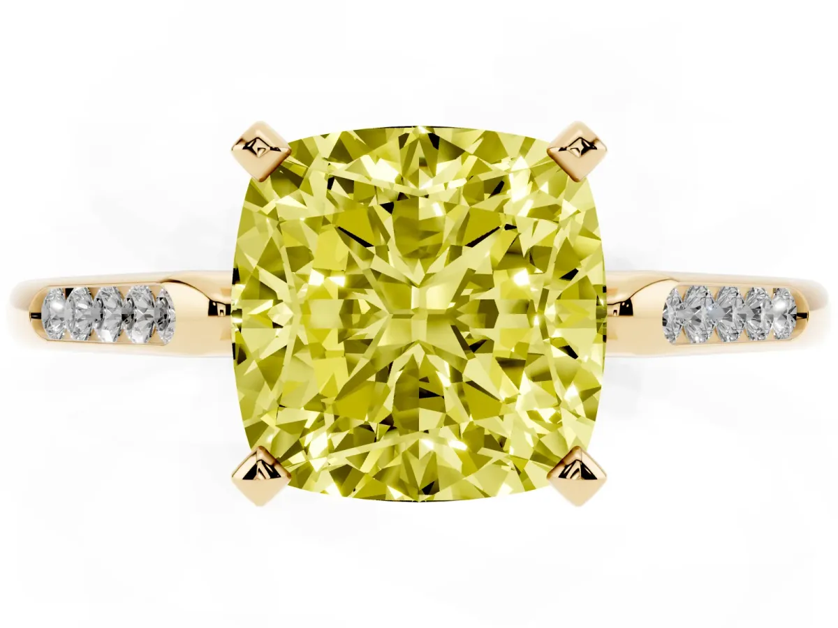 Fancy Yellow Cushion Cut Diamond Solitaire Ring with Channel Set Round Band and Prong Setting Yellow gold